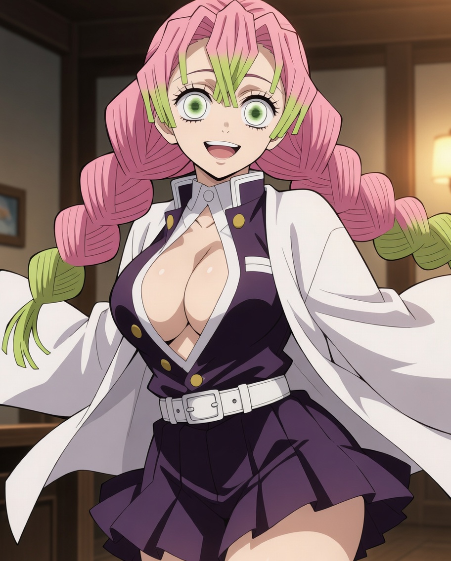Mitsuri Kanroji twirling in a softly lit room, looking at the viewer with a bright, inviting smile